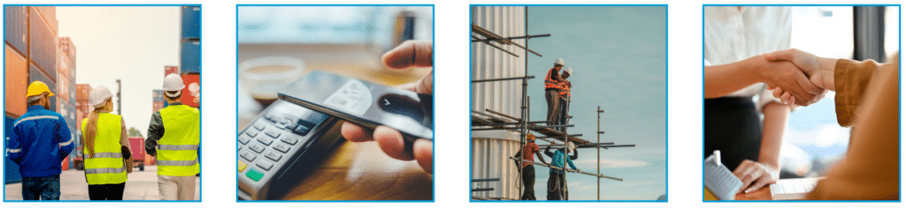 Workers managing logistics, digital payment systems, construction site teamwork, and professional handshakes.