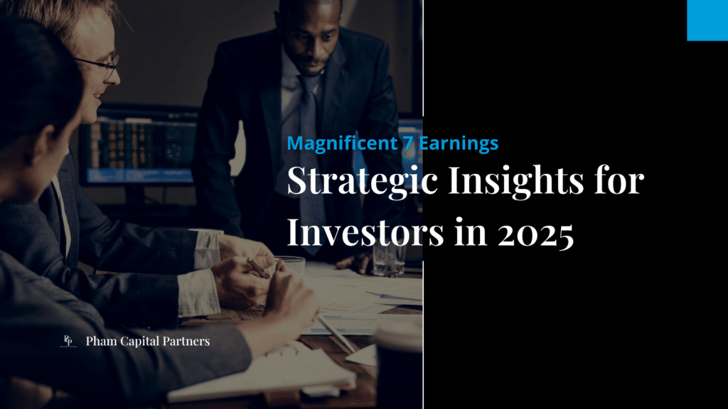 Business professionals analyzing financial documents with title overlay: Strategic Insights for Investors in 2025 by Pham Capital Partners.