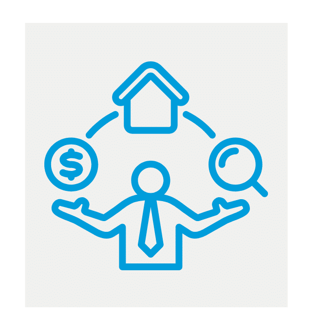 Investor icon balancing property, dollar, and magnifier for real estate risk analysis
