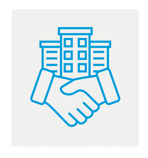 Handshake in front of buildings icon representing real estate investment partnerships